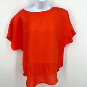 Vintage 90s 100% Silk Boxy Short‎ Sleeve Blouse Angela Tong Size 14 Coral Red